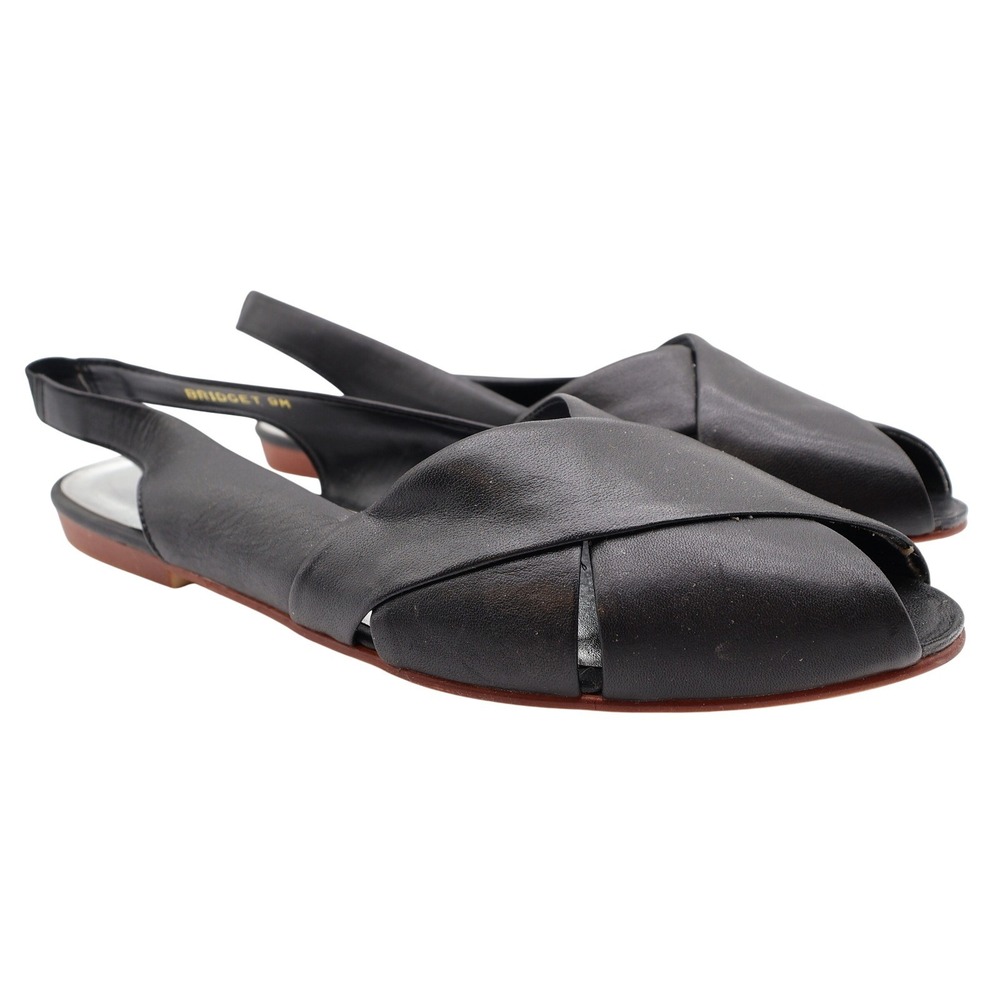 Nicole Bridget Sandals Women 9M Black Leather Slingback Peep Toe Flat Brazil